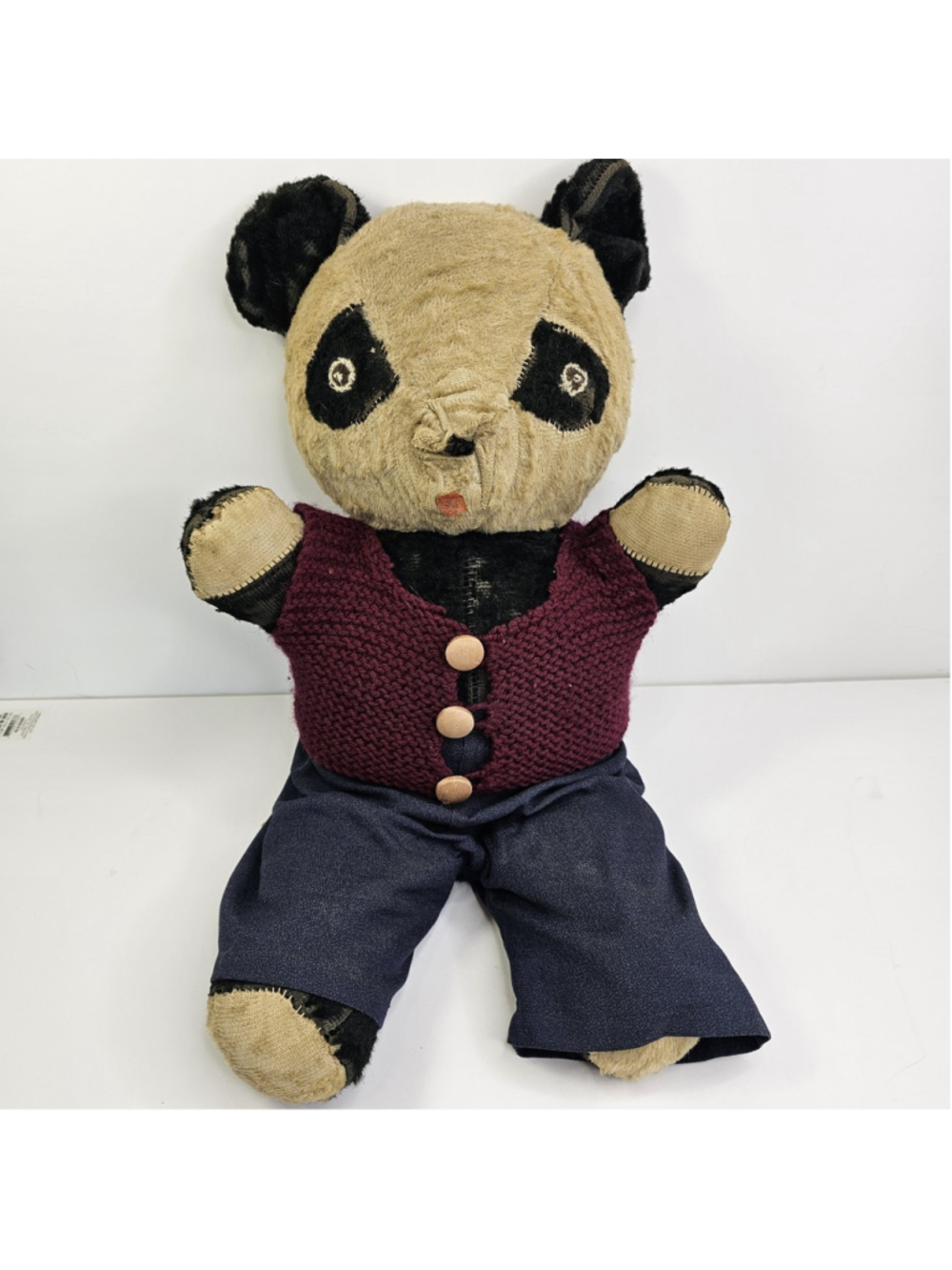 Antique Panda Plush Bear 20" Vintage Stuffed Animal Worn Mohair Style W/ Clothes